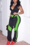 spring new stylish patchwork contrast color plus size stretch zip-up slim casual jumpsuit_Light Green