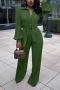 spring new stylish simple solid color single-breasted 4-colors plus size inelastic loose casual jumpsuit(with belt)_Black_Dark Green