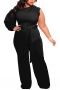 l-4xl plus size spring new stylish simple 5 colors solid color stretch loose zip-up casual jumpsuit(with belt)_Black