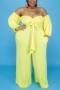 l-4xl plus size spring new stylish solid color pocket loose backless off-shoulder sexy two-piece set_Black_Yellow