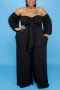 l-4xl plus size spring new stylish solid color pocket loose backless off-shoulder sexy two-piece set_Black