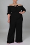 l-4xl plus size spring new stylish simple solid color hollow off-shoulder stretch loose casual jumpsuit_Black