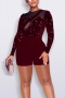 spring new stylish sequin mesh patchwork see-through zip-up stretch plus size slim sexy jumpsuit_Black_Rose Red