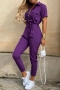 summer new stylish solid color 9 colors single breasted with belt inelastic pocket plus size casual jumpsuit_Black_Purple