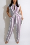 summer new stylish simple striped batch printing inelastic with belt single-breasted 4-colors plus size casual jumpsuit_Purple