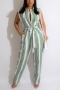 summer new stylish simple striped batch printing inelastic with belt single-breasted 4-colors plus size casual jumpsuit_Purple_Blue_Gray_Green
