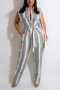 summer new stylish simple striped batch printing inelastic with belt single-breasted 4-colors plus size casual jumpsuit_Purple_Blue_Gray