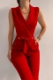 summer new 4 colors solid stretch button sleeveless bow lace-up v-neck hollow pockets zip-up stylish jumpsuit_Black_Red