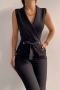 summer new 4 colors solid stretch button sleeveless bow lace-up v-neck hollow pockets zip-up stylish jumpsuit_Black