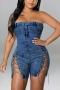 s-2xl summer new plus size three colors micro-elastic off the shoulder zip-up button eyelet metal-chain stylish denim playsuit_Black_Sky Blue_Dark Blue