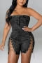 s-2xl summer new plus size three colors micro-elastic off the shoulder zip-up button eyelet metal-chain stylish denim playsuit_Black