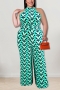 xl-5xl summer new plus size four colors allover geometric pattern batch printing stretch wide-leg zip-up back stylish jumpsuit with belt_White_Blue_Yellow_Green