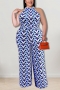 xl-5xl summer new plus size four colors allover geometric pattern batch printing stretch wide-leg zip-up back stylish jumpsuit with belt_White_Blue