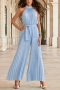 summer stylish 6 colors halter-neck pleating sleeveless solid&belt plus size micro-elastic jumpsuit_Black_White_Sky Blue