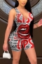 s-2xl plus size summer new stylish 5 colors stretch letter & lip fixed printing deep-v-neck slim sexy playsuit_White