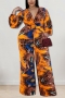 xl-5xl plus size spring new stylish 4 colors leopard peacock feather fixed printing v-neck long sleeves loose pants with belt casual jumpsuit_Brown_Magenta_Yellow