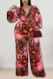 xl-5xl plus size spring new stylish 4 colors leopard peacock feather fixed printing v-neck long sleeves loose pants with belt casual jumpsuit_Brown_Magenta