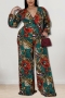 xl-5xl plus size spring new stylish 4 colors leopard peacock feather fixed printing v-neck long sleeves loose pants with belt casual jumpsuit_Brown_Magenta_Yellow_Green