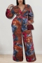 xl-5xl plus size spring new stylish 4 colors leopard peacock feather fixed printing v-neck long sleeves loose pants with belt casual jumpsuit_Brown