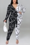 xl-5xl plus size spring new irregular lines contrast colors v-neck long sleeves stretch inelastic 3 colors jumpsuit with belt_White