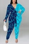 xl-5xl plus size spring new irregular lines contrast colors v-neck long sleeves stretch inelastic 3 colors jumpsuit with belt_White_Blue