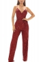 sexy plus size slight stretch sling sequins belt zip-up stylish jumpsuit_Black_White_Pink_Rose Red
