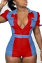 s-2xl plus size summer new stretch contrast color spliced single-breasted lace-up slim stylish imitation denim playsuit_Red
