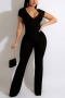 s-2xl plus size summer new 6 colors stretch solid color v-neck zip-up short sleeves slim stylish jumpsuit_Black