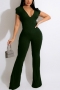 s-2xl plus size summer new 6 colors stretch solid color v-neck zip-up short sleeves slim stylish jumpsuit_Black_Dark Green
