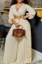 s-3xl autumn new plus size 4 colors solid color micro-elastic v-neck long sleeves wide-leg pleated stylish jumpsuit with belt_Beige