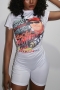 summer new stylish two colors letter cartoon printing crew neck short sleeve tassels decor slight stretch zip-up casual playsuit_White