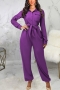 s-2xl autumn new plus size 5 colors solid color slight stretch turndown collar single-breasted pocket stylish jumpsuit with belt_Black_Purple