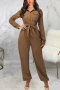 s-2xl autumn new plus size 5 colors solid color slight stretch turndown collar single-breasted pocket stylish jumpsuit with belt_Black_Purple_Rose Red_Dark Blue_Khaki