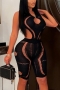 s-2xl summer new plus size 4 colors solid color high stretch knitted cutout halter-neck tied sexy skinny playsuit_Black
