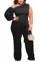 l-4xl plus size summer new 5 colors solid color stretch single sleeve tie-waist zip-up stylish simple jumpsuit(with belt)_Black