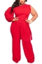 l-4xl plus size summer new 5 colors solid color stretch single sleeve tie-waist zip-up stylish simple jumpsuit(with belt)_Black_White_Red