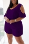 l-4xl plus size summer new 5 colors solid color stretch short sleeve v-neck hollow shirring loose stylish casual playsuit_Black_White_Purple