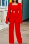s-3xl plus size new 3 colors bead pressed stretch long sleeve square neck tie-waist slit zip-up stylish high quality simple jumpsuit(with belt)_Red