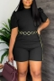 s-2xl plus size summer new 5 colors stretch crew neck zip-up with belt stylish playsuit_Black