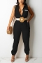 summer new 4 colors letter fixed printing stretch sleeveless turndown collar pockets stylish sexy simple jumpsuit(without belt)_Black