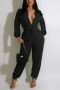 s-2xl plus size autumn new stylish three colors solid color lapel drawstring stretch with pocket casual jumpsuit_Black
