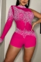 s-2xl plus size spring & summer new 6 colors rhinestone decor mesh patchwork stretch single sleeve hollow zip-up button slim stylish nightclub sexy playsuit_Black_Red_Beige_Blue_Magenta