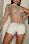s-2xl plus size spring & summer new 6 colors rhinestone decor mesh patchwork stretch single sleeve hollow zip-up button slim stylish nightclub sexy playsuit_Black_Red_Beige