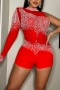 s-2xl plus size spring & summer new 6 colors rhinestone decor mesh patchwork stretch single sleeve hollow zip-up button slim stylish nightclub sexy playsuit_Black_Red