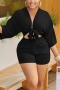 s-2xl plus size summer new 6 colors stretch three-quarter sleeve deep-v-neck hollow lace up stylish sexy playsuit_Black