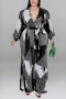 xl-5xl plus size autumn new stylish 5 colors slight stretch belt v-neck multicolor batch printing casual jumpsuit_Black