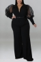 xl-5xl plus size autumn new stylish 5 colors mesh patchwork see-through deep v belt slight stretch sexy jumpsuit_Black