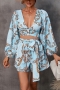 s-2xl plus size autumn new 2 colors zebra & ethic pattern batch printing inelastic long sleeve deep-v-neck hollow lace up stylish sexy playsuit(with belt)_Sky Blue