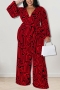 xl-5xl plus size autumn new 8 colors stretch batch printing v-neck straight stylish jumpsuit(with belt)_White_Purple_Red