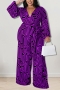 xl-5xl plus size autumn new 8 colors stretch batch printing v-neck straight stylish jumpsuit(with belt)_White_Purple